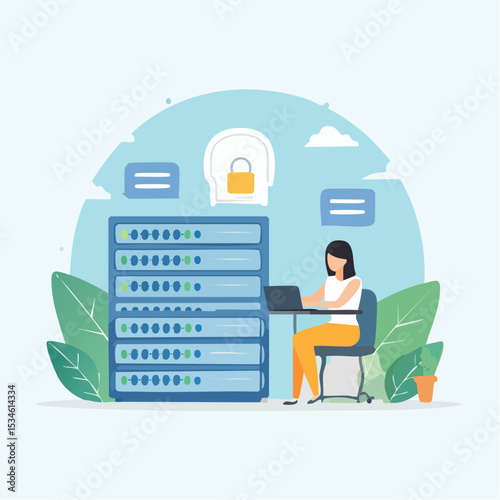 Database system, data network management, security or search, cloud computing technology or file document archive, database administration concept, woman working with computer laptop on databas