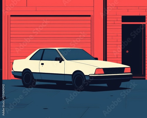 A vintage white coupe is parked in front of a large red garage door and a black door, set against a minimalist urban backdrop.
