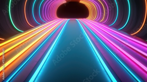 A futuristic tunnel illuminated with vibrant neon lights in pink, blue, orange, and purple, creating a dynamic and colorful pathway leading into darkness.