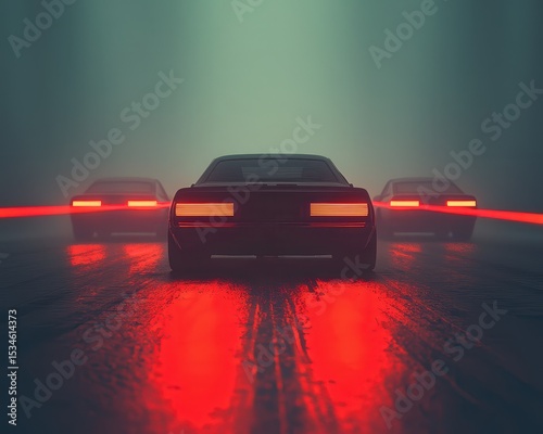 Three sleek cars with illuminated red taillights drive on a wet road at night, creating vibrant reflections and a moody, futuristic atmosphere.