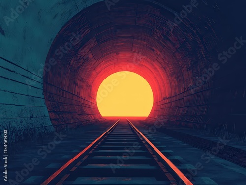 A vibrant digital illustration of a railway tunnel with glowing orange light at the exit, highlighting the tracks and textured tunnel walls in dark and warm hues.
