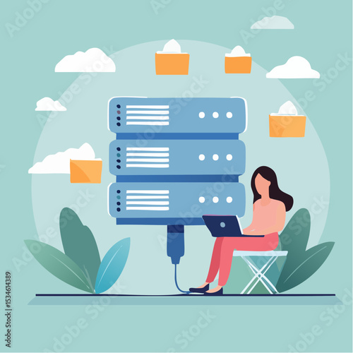 Database system, data network management, security or search, cloud computing technology or file document archive, database administration concept, woman working with computer laptop on databas