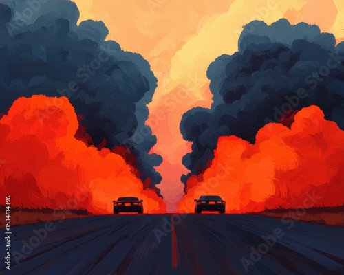 Two cars race down a dark road, surrounded by dramatic, fiery orange and deep blue smoke clouds under a vivid sky.