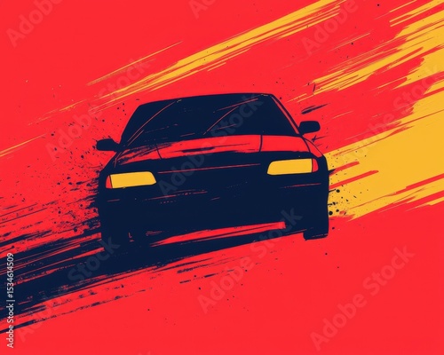 A stylized illustration of a car drifting with dynamic yellow and black streaks on a vibrant red background.