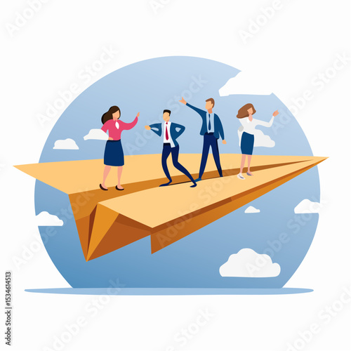 Team winning business achievement, teamwork working together, company direction, leadership strategy, motivation, aspirations concept, manager lead business people employee on paper airplane origami
