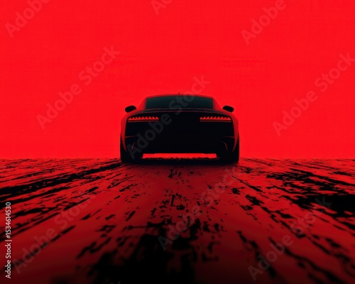 A sleek black sports car is silhouetted against a vibrant red background, parked on a textured surface with dramatic lighting emphasizing its shape.