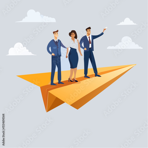 Team winning business achievement, teamwork working together, company direction, leadership strategy, motivation, aspirations concept, manager lead business people employee on paper airplane origami