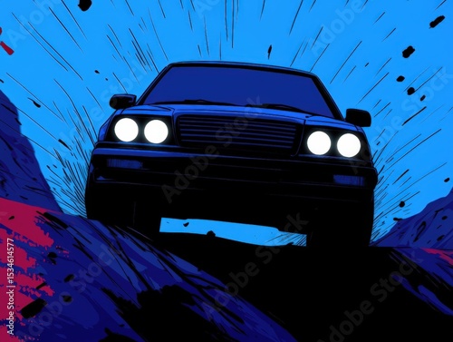 A dramatic digital illustration of a black car with headlights on, driving through a rugged terrain with dynamic blue and red hues.