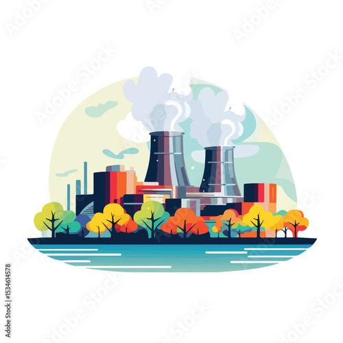 Modern and Colorful Nuclear Power Plant Vector Illustration for Designs