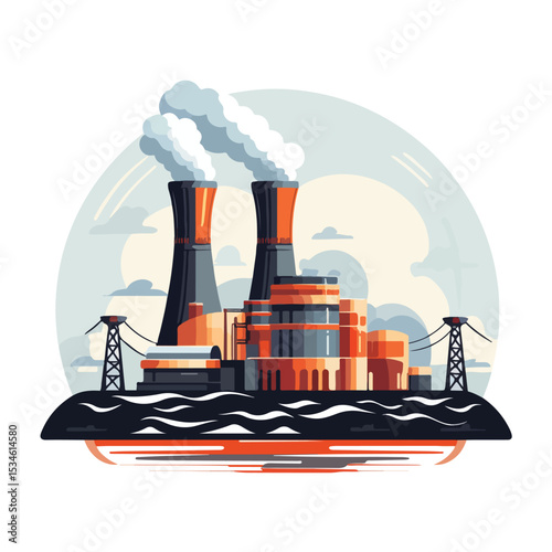 Detailed Nuclear Power Plant Symbol Vector Illustration Isolated on White Background