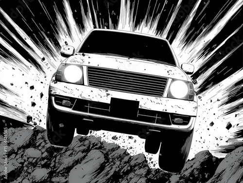 A manga-style black and white illustration of a car dramatically jumping over rocky terrain with speed lines emphasizing motion.