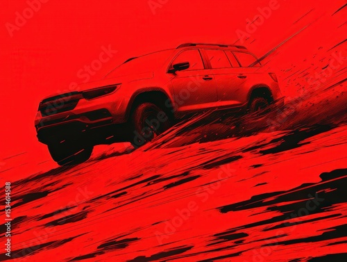 An off-road SUV is captured climbing a steep, rugged hill, with a dramatic red and black graphic effect highlighting the intense terrain and vehicle motion.