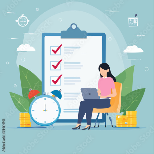 Productivity, project management or efficiency to finish work and reach business goal, time management concept, productive business woman working with computer laptop on checklist and alarm cloc