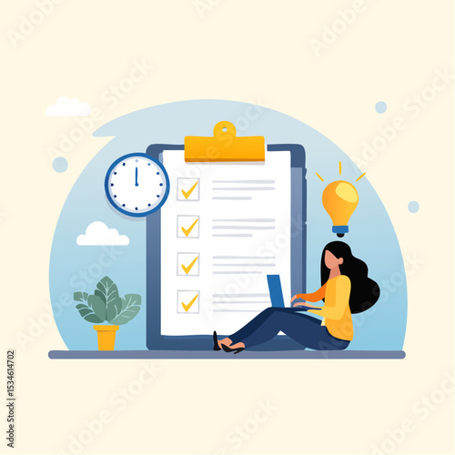 Productivity, project management or efficiency to finish work and reach business goal, time management concept, productive business woman working with computer laptop on checklist and alarm cloc
