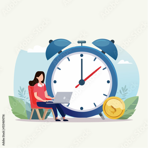 Productivity, project management or efficiency to finish work and reach business goal, time management concept, productive business woman working with computer laptop on checklist and alarm cloc