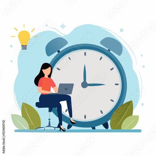 Productivity, project management or efficiency to finish work and reach business goal, time management concept, productive business woman working with computer laptop on checklist and alarm cloc