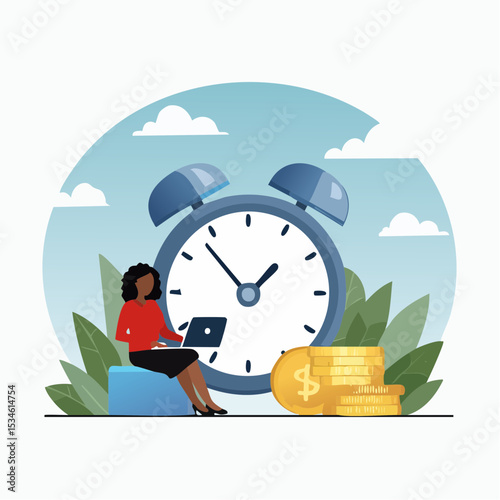 Productivity, project management or efficiency to finish work and reach business goal, time management concept, productive business woman working with computer laptop on checklist and alarm cloc