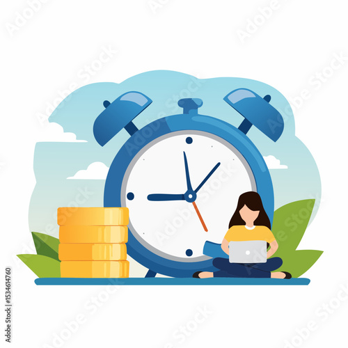 Productivity, project management or efficiency to finish work and reach business goal, time management concept, productive business woman working with computer laptop on checklist and alarm cloc