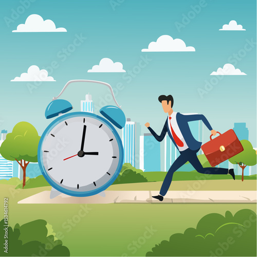 Time run out, deadline or hurry to go to the office late, urgency or determination to finish work fast, stressed or anxiety to complete work concept, hurry businessman run fast on time run out cloc