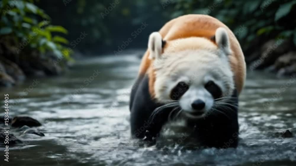 A strong Bengal panda emerges from the dark river in the midst of a dense wild forest.