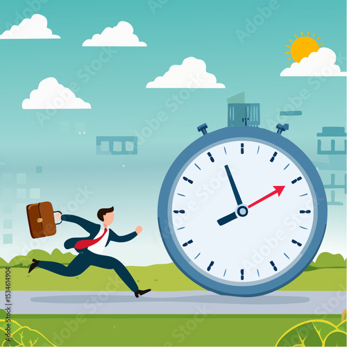 Time run out, deadline or hurry to go to the office late, urgency or determination to finish work fast, stressed or anxiety to complete work concept, hurry businessman run fast on time run out cloc
