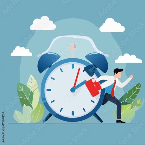 Time run out, deadline or hurry to go to the office late, urgency or determination to finish work fast, stressed or anxiety to complete work concept, hurry businessman run fast on time run out cloc