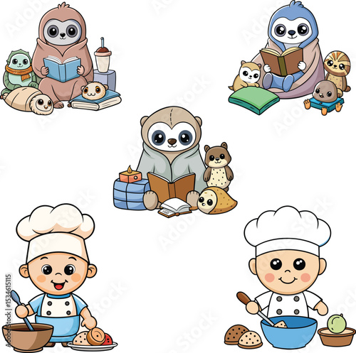 Adorable Sloths Enjoying Books and Cozy Reading Time Cute Illustration of Sloths Reading Books