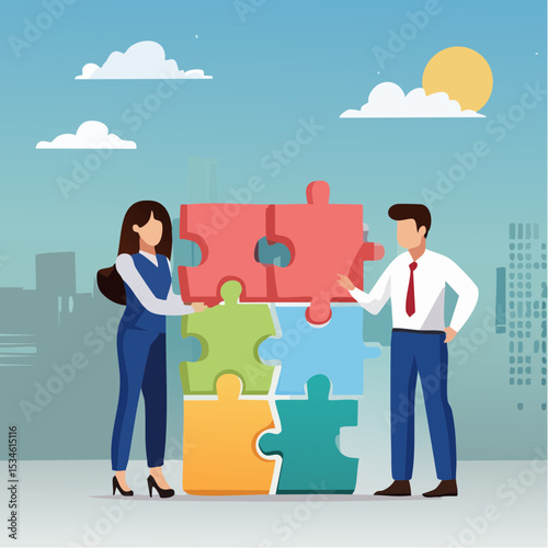 Work together, teamwork or collaboration to solve problem, hybrid work conference call to success together, partnership concept, businessman and woman colleagues connecting jigsaw pieces togethe