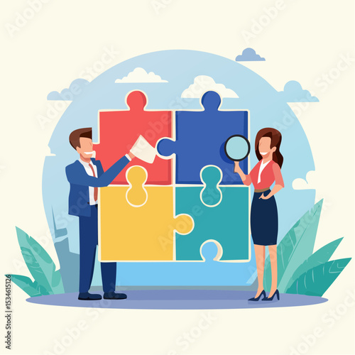Work together, teamwork or collaboration to solve problem, hybrid work conference call to success together, partnership concept, businessman and woman colleagues connecting jigsaw pieces togethe