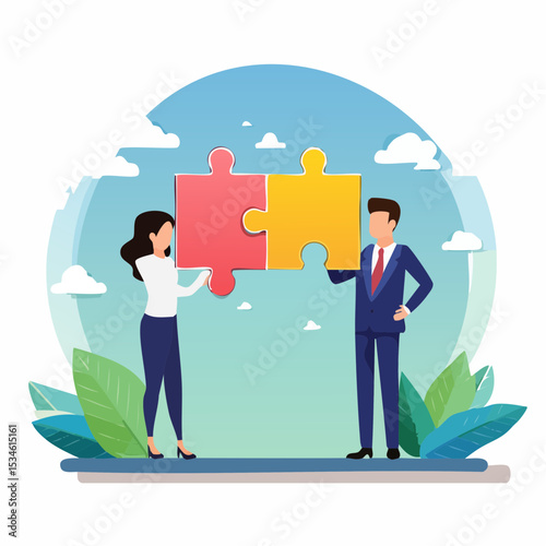 Work together, teamwork or collaboration to solve problem, hybrid work conference call to success together, partnership concept, businessman and woman colleagues connecting jigsaw pieces togethe