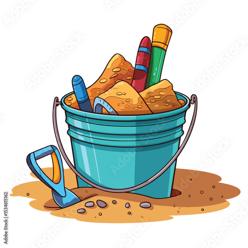 High-Quality Sand Bucket with Toy Tools Scribble Vector Illustration for Kids Playtime Activities