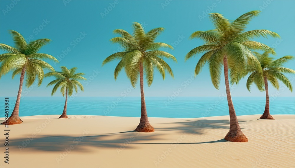 Fototapeta premium coconut trees with beach sand on blue background summer concept 3d rendering
