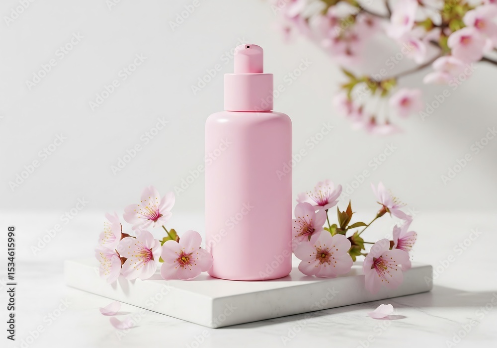 Plain pink skincare bottle mockup. Beauty industry concept. White cosmetic tube for hand cream, face or body lotion on white stone with cherry blossoms beside it Plain pink skincare bottle mockup. Beauty industry concept. White cosmetic tube for hand cream, face or body lotion on white stone with cherry blossoms beside it