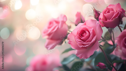 Ethereal pink roses bathed in soft light, symbolizing romance, beauty, and elegance against a dreamy background