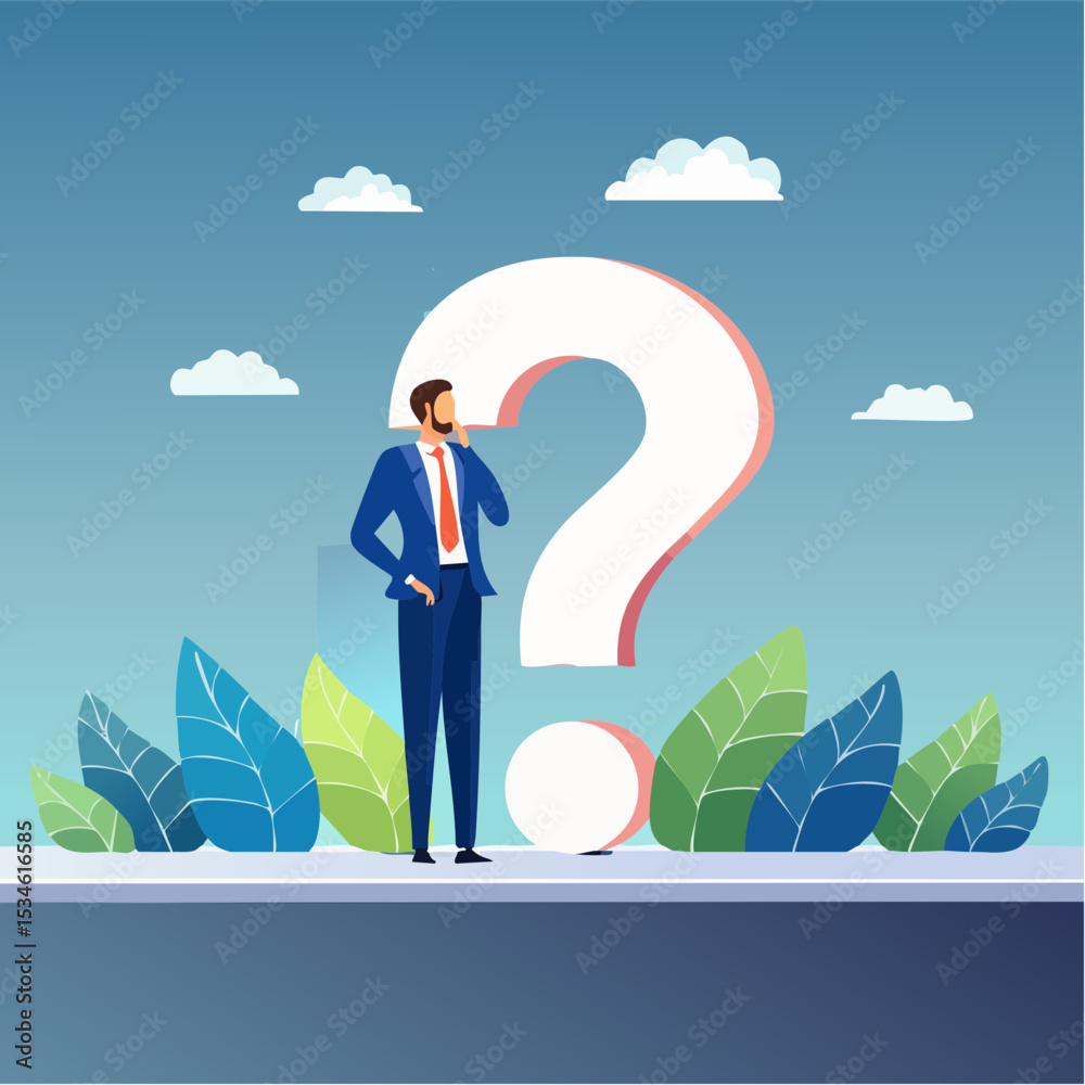 Ask questions, FAQ, problem or curiosity, doubt and confusion to be answer, challenge and uncertainty, unknown information or solution concept, contemplation businessman thinking with question mark Ask questions, FAQ, problem or curiosity, doubt and confusion to be answer, challenge and uncertainty, unknown information or solution concept, contemplation businessman thinking with question mark
