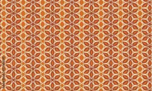 Geometric Floral Mosaic Pattern in Warm Autumn Tones. Seamless vector background with kaleidoscope and honeycomb effect