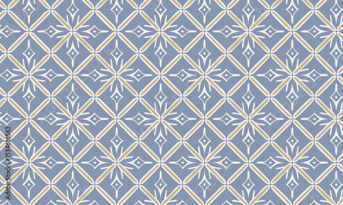 Elegant Geometric Diamond Pattern with Art Deco Starbursts. Seamless luxury vector background in dusty blue and gold