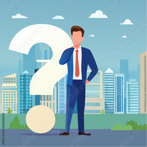 Ask questions, FAQ, problem or curiosity, doubt and confusion to be answer, challenge and uncertainty, unknown information or solution concept, contemplation businessman thinking with question mark