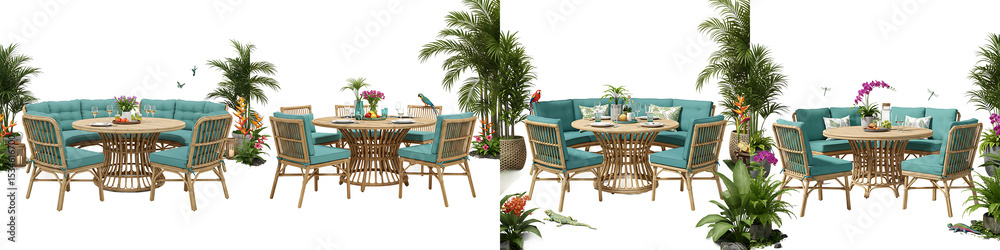 Fototapeta premium Tropical Outdoor Dining Area with Palm Plants Transparent Background