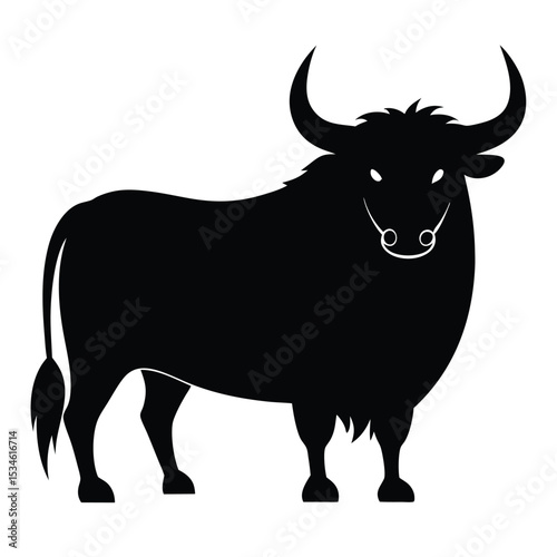 Silhouette of a Majestic Bull: A striking silhouette of a powerful bull, showcasing its robust physique, prominent horns, and confident stance, conveying strength and authority.