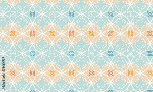 Delicate Geometric Floral Pattern in Pastel Blue and Peach. Seamless and airy vector background for nursery or spring