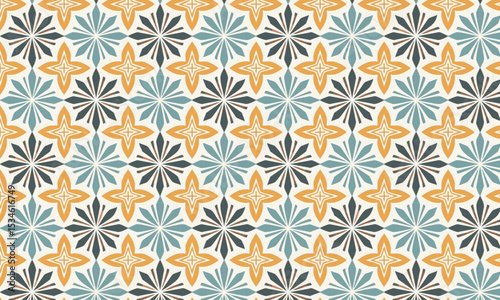 Retro Floral Starburst Pattern in Teal and Orange. Seamless vintage 70s vector background for party or fabric