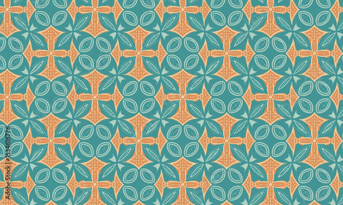 Bold Retro Geometric Floral Pattern in Orange and Teal. Seamless 70s style pop art vector background.