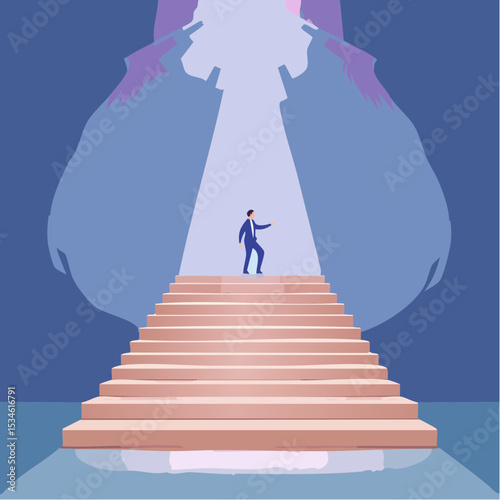 Career guidance or advice to step up career path, business direction or spotlight to success, discover talent or job candidate concept, flashlight staircase light beam to step up for businesswoma