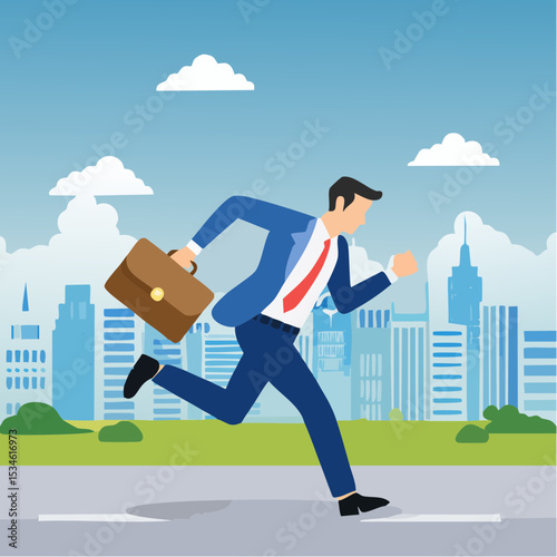 Late, hurry to go to work, rushing or running fast before deadline, speed or busy job, pressure or challenge to finish work in time, urgency concept, frustrated businessman hurry running to work lat