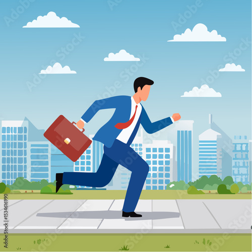 Late, hurry to go to work, rushing or running fast before deadline, speed or busy job, pressure or challenge to finish work in time, urgency concept, frustrated businessman hurry running to work lat