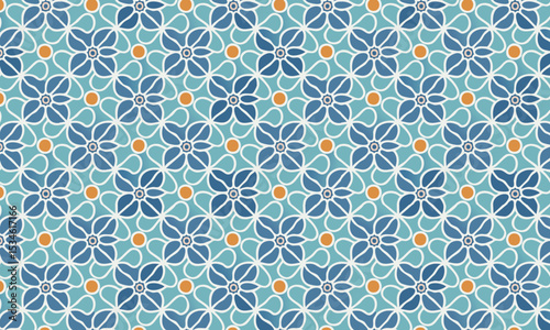 Bright Geometric Floral Tile Pattern in Blue and Orange. Seamless summer vector background for kitchen or bath
