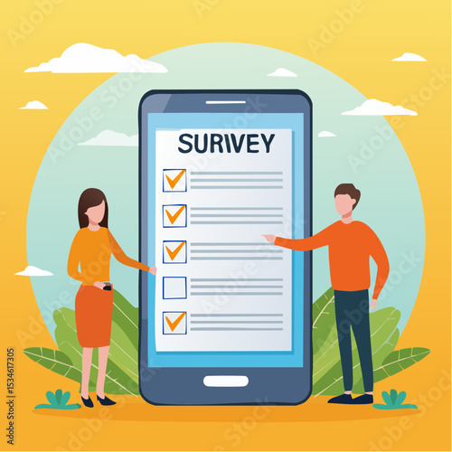 Online survey questionnaire, poll, opinion or customer feedback using internet concept, man and woman using mobile or smartphone to fill in online survey checklis