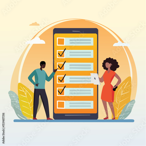 Online survey questionnaire, poll, opinion or customer feedback using internet concept, man and woman using mobile or smartphone to fill in online survey checklis