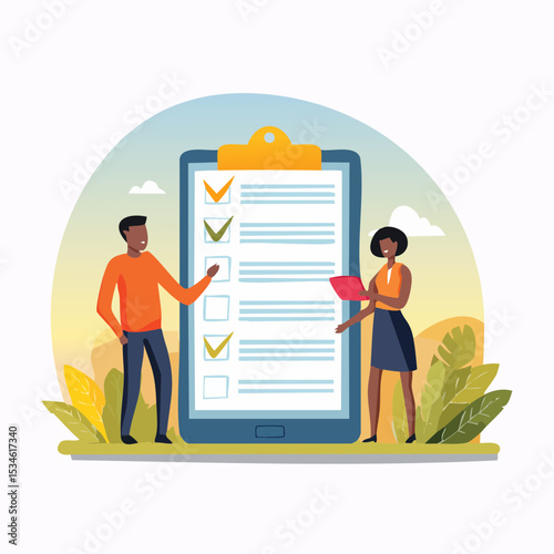 Online survey questionnaire, poll, opinion or customer feedback using internet concept, man and woman using mobile or smartphone to fill in online survey checklis